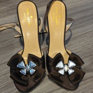 Kate Spade Brown Satin Crystal Bow Straply High Heels 6.5